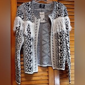 NWT Hearts & Roses Snowy Fair Isle Sweater Jacket Black & White Women's Size 12